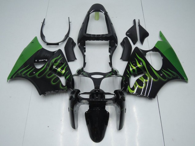 2000-2002 Black with Green Flame Kawasaki Ninja ZX6R Fairings 2000-2002 Black with Green Flame Kawasaki Ninja ZX6R Fairings
